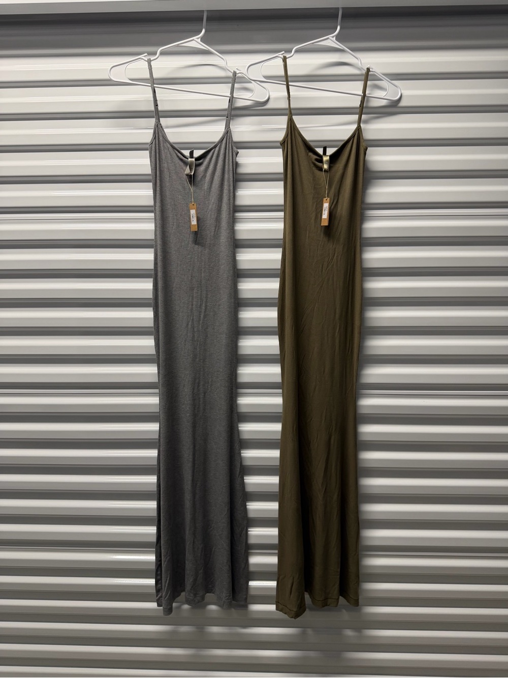 SKIMS Slim Slip Maxi Dress in Gray and Olive